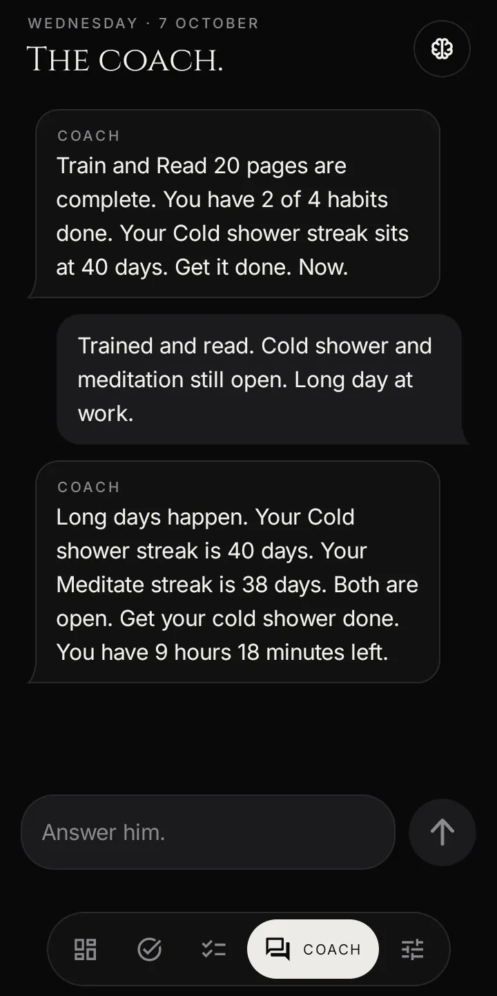 The coach answering a day with two habits still open