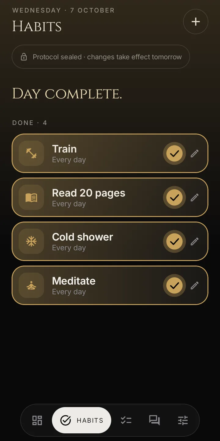 The Habits screen with every habit ticked and the day complete in gold