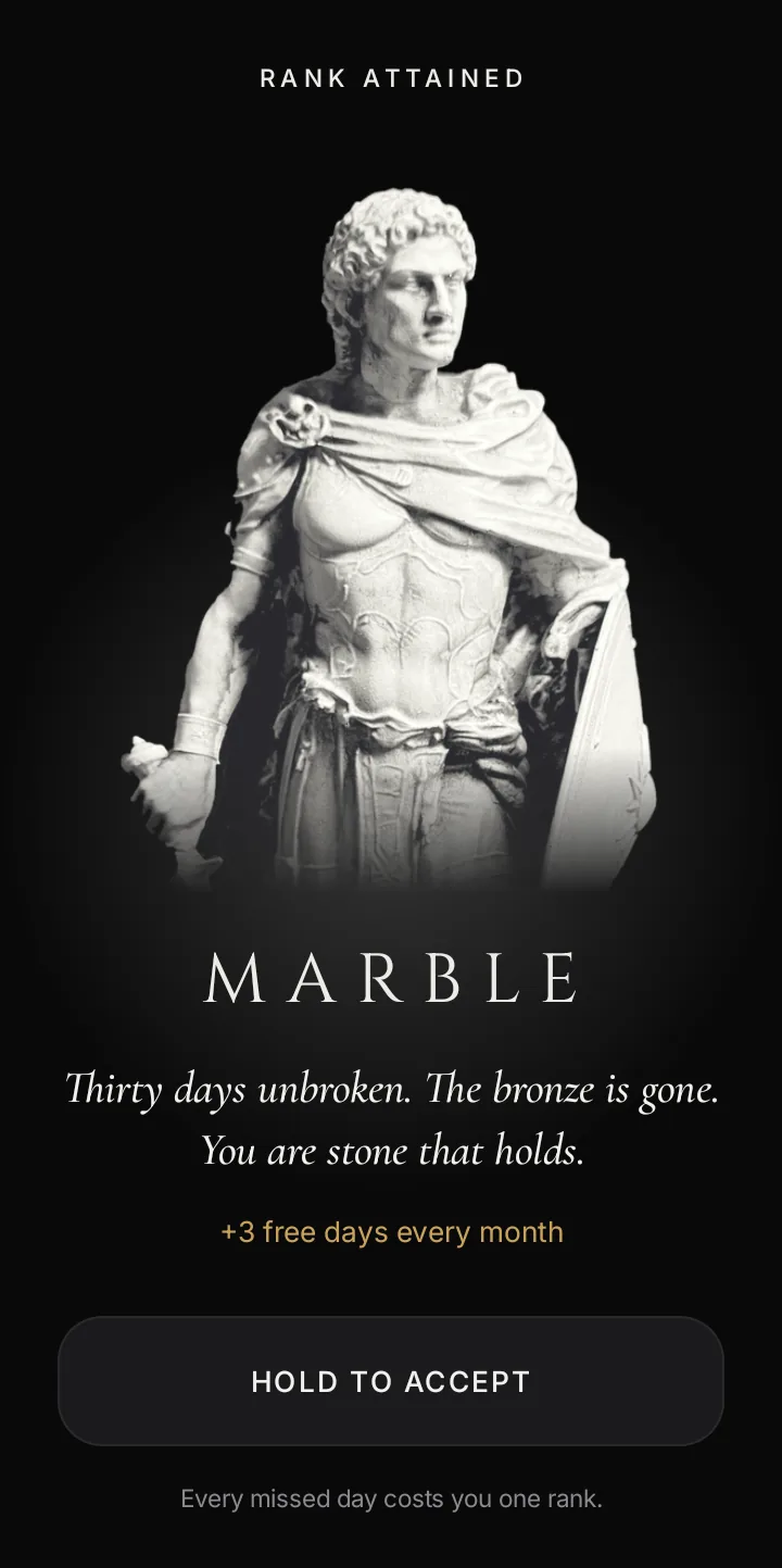 The Marble rank ceremony: a marble statue and the words thirty days unbroken